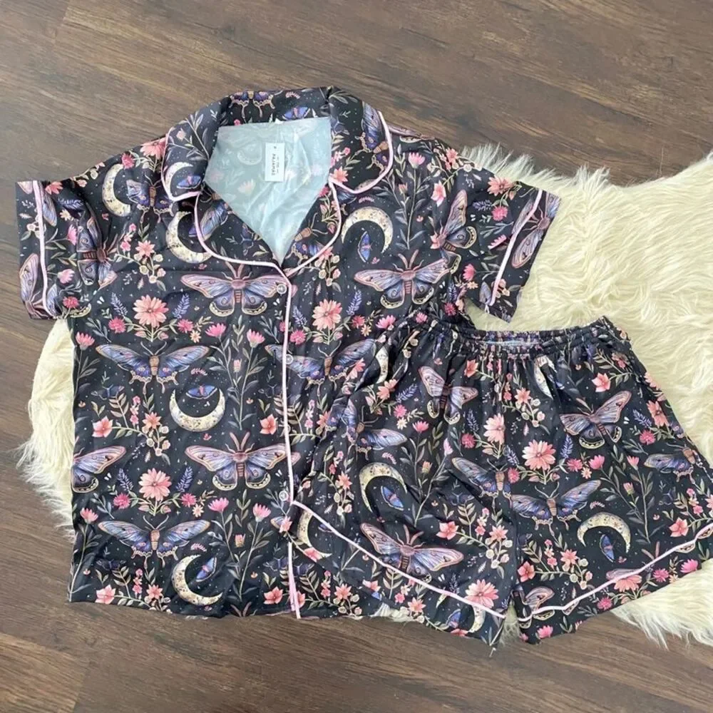 NWT Moon & Moth Print Pajama Set / Celestial Whimsygoth Satin Pajamas M